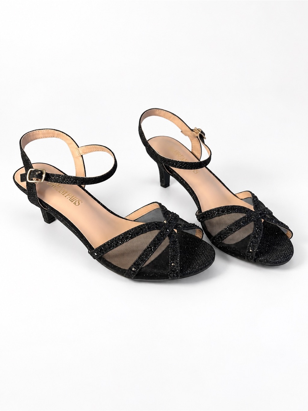 Dream Pairs Black Glitter Rhinestone with Mesh Ankle-Strap Kitten Heels Size 7